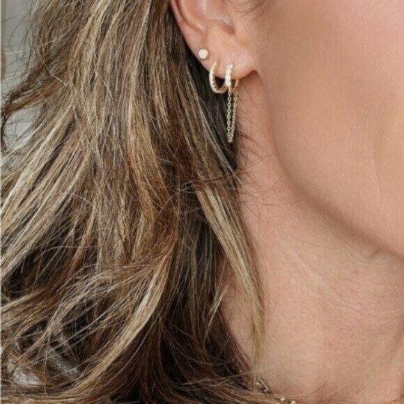 Gold Pavé Huggie Hoop Earrings 18K on 925 Sterling Silver CZ Everyday Jewelry - Picture 13 of 14